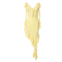 V neck ruffle solid knotted cami mini dress