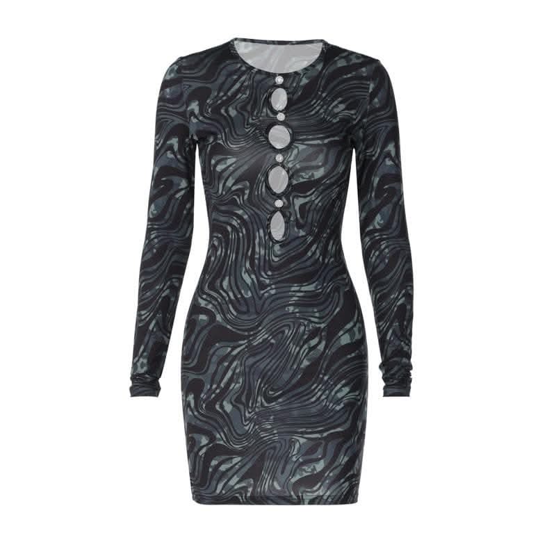 Ripple contrast long sleeve hollow out crewneck cut out mini dress-final-sale