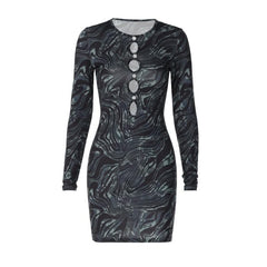 Ripple contrast long sleeve hollow out crewneck cut out mini dress-final-sale