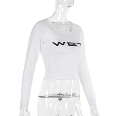 Long sleeve “WETâ€?print u neck top