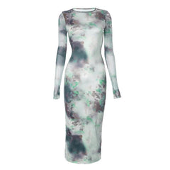 Long sleeve crewneck tie dye mesh gloves contrast midi dress-final-sale