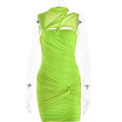 Sleeveless irregular hollow out mesh knotted ruched cut out mini dress