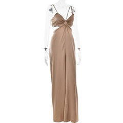 Ruched solid o ring v neck satin hollow out cami jumpsuit-final-sale