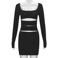 U neck long sleeve hollow out backless cut out mini dress