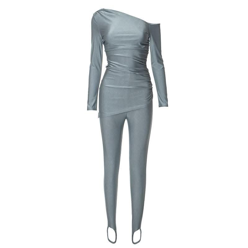 Ruched off shoulder long sleeve irregular solid pant set-final-sale