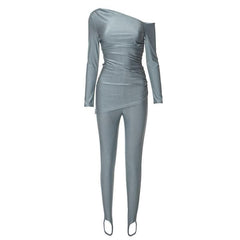 Ruched off shoulder long sleeve irregular solid pant set-final-sale