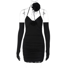 Gloves v neck halter backless flower applique mini dress-final-sale