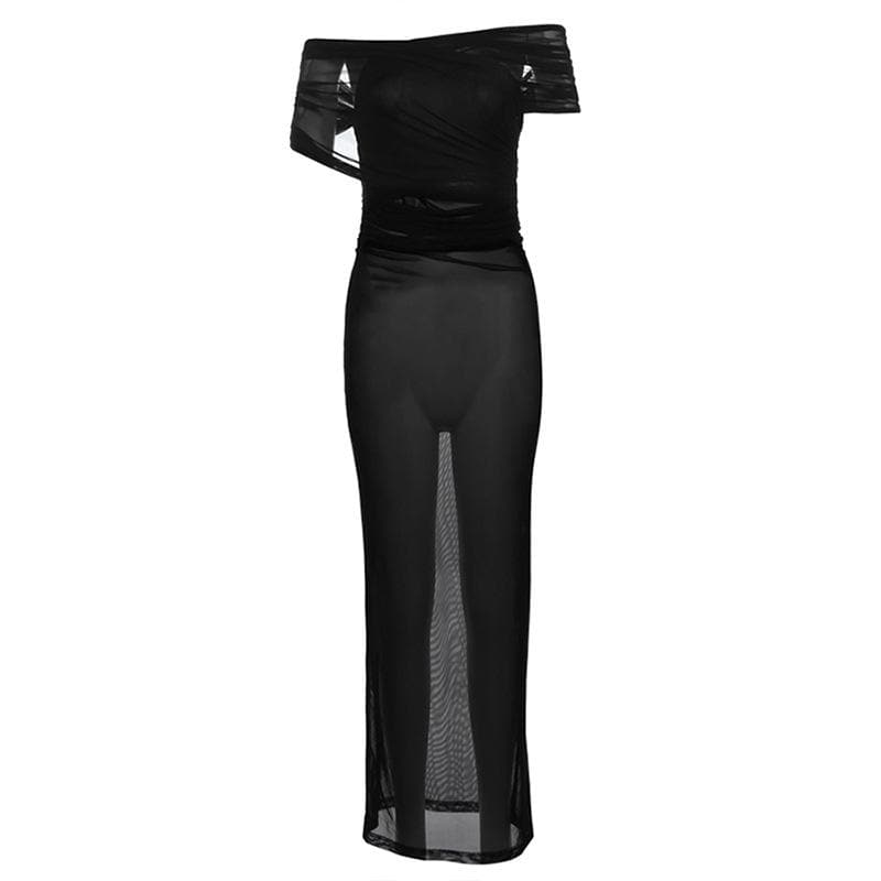 Off shoulder ruched cross front sheer mesh maxi dress-final-sale