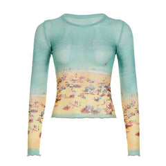 Long sleeve crewneck contrast mesh top