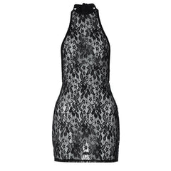 Lace see through halter backless solid mini dress