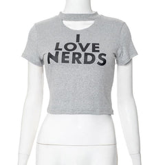 Short sleeve letter print crewneck hollow out crop cut out top-final-sale