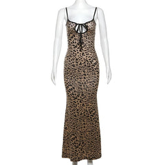 Leopard print hollow out backless cami cut out maxi dress