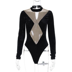 Long sleeve velvet high neck mesh patchwork button bodysuit-final-sale