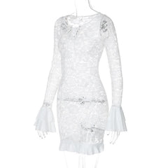 Long flared sleeve lace see through lace up mini dress