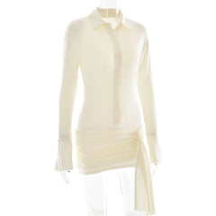 Turnover collar long sleeve button ruched mini dress-final-sale