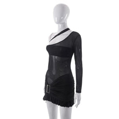 Mesh one shoulder buckle ruffle irregular mini dress-final-sale