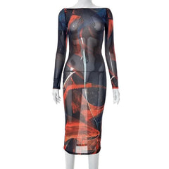 Sheer mesh see through backless contrast print long sleeve midi dress-final-sale