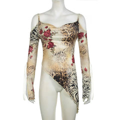 Long sleeve off shoulder irregular print cami top