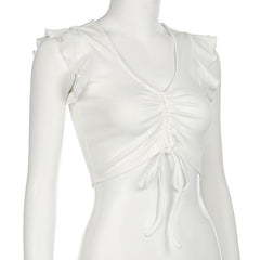 Cap sleeve drawstring ruched ribbed crop top