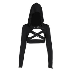 Hoodie long sleeve buckle cross back crop top