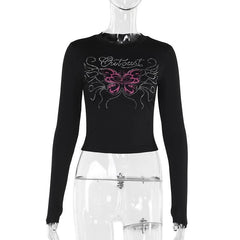 Long sleeve beaded butterfly pattern crewneck top