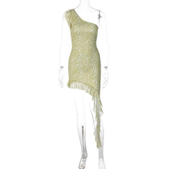 Mesh ripple contrast one shoulder irregular ruffle midi dress-final-sale