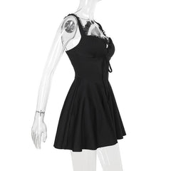 Lace hem button bowknot cami mini dress