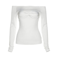 Mesh solid off shoulder ruched long sleeve top - Final Sale-final-sale