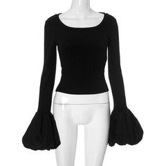 Long puff sleeve round neck ribbed ruched top-final-sale