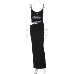 V neck mesh hollow out cami cut out maxi dress