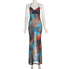 Cowl neck halter contrast backless maxi dress