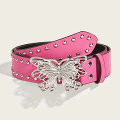 Silver butterfly hollow out beaded PU leather belt