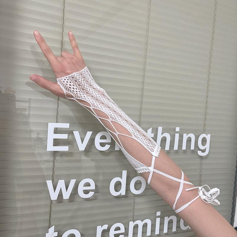 Hollow out solid self tie gloves