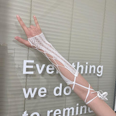 Hollow out solid self tie gloves