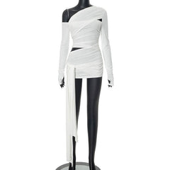 One shoulder long sleeve ruched hollow out knotted cut out top