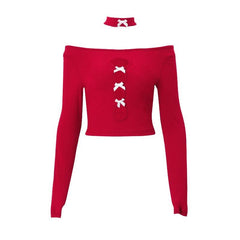Long sleeve hollow out bowknot off shoulder cut out top
