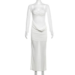 Long sleeve ruched off shoulder see through slit midi dress