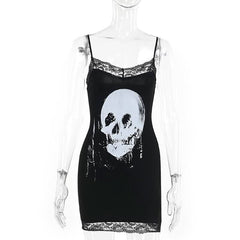 Skull print lace hem cami mini dress
