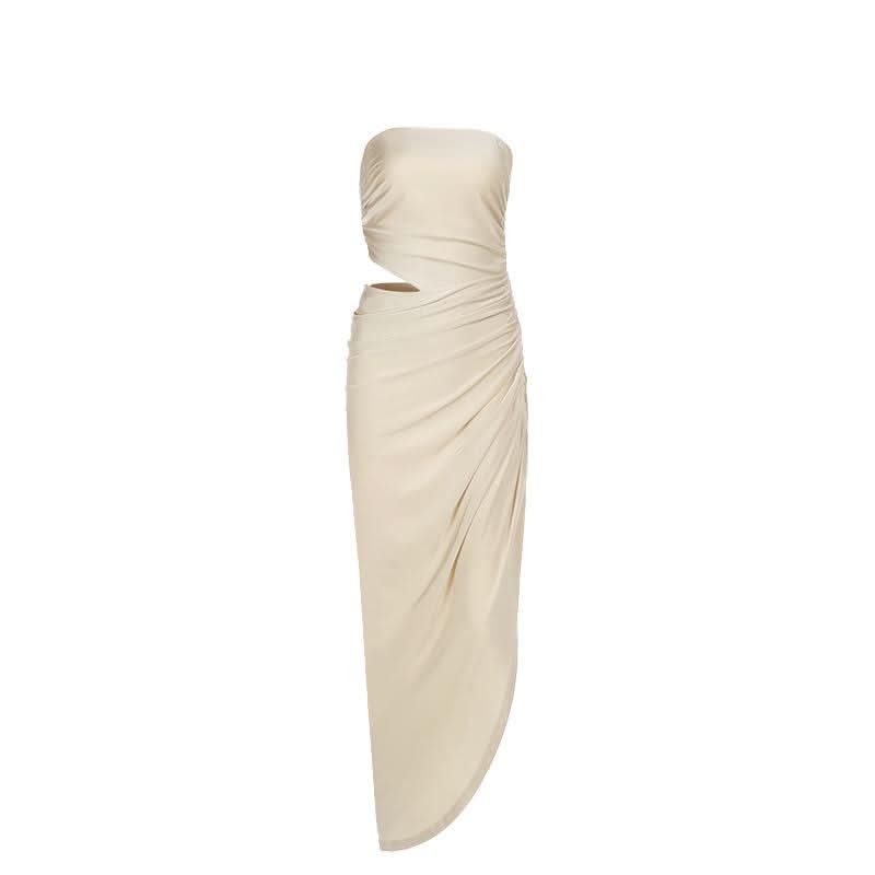 Ruched irregular hollow out solid tube cut out maxi dress