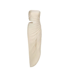 Ruched irregular hollow out solid tube cut out maxi dress