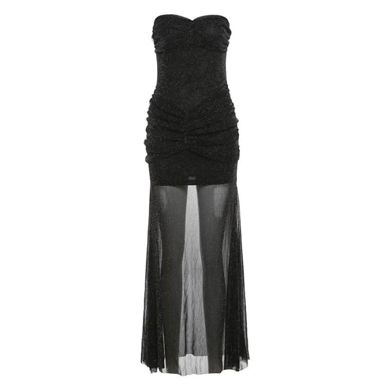 Sweetheart neck ruched mesh solid maxi dress