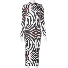 Backless self tie long sleeve tiger print contrast midi dress-final-sale