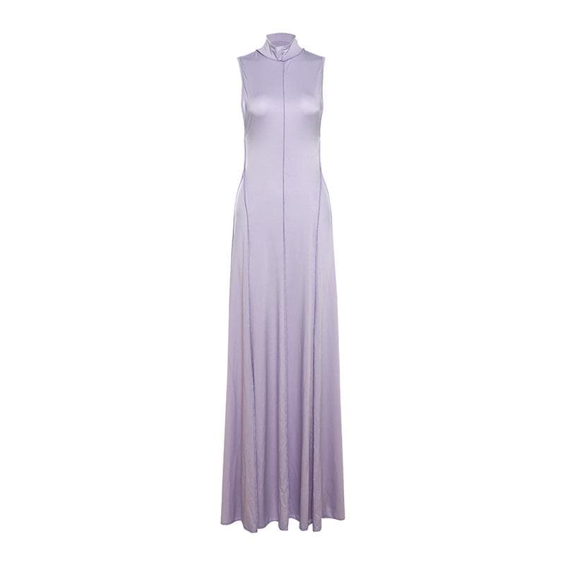High neck stitch halter backless solid maxi dress