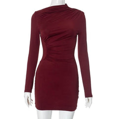 Long sleeve ruched irregular solid mini dress-final-sale
