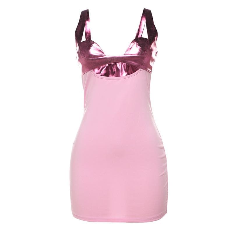 Hollow out metallic patchwork backless cami cut out mini dress