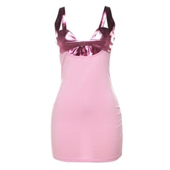 Hollow out metallic patchwork backless cami cut out mini dress