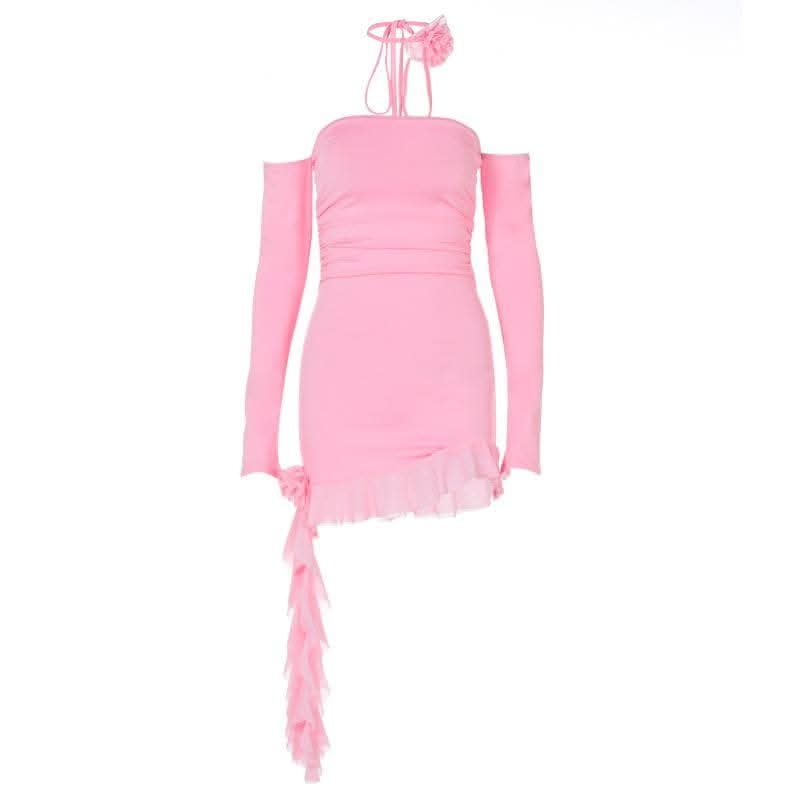 Long sleeve off shoulder flower applique ruffle ruched mini dress-final-sale