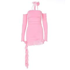 Long sleeve off shoulder flower applique ruffle ruched mini dress-final-sale