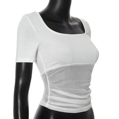 Short sleeve square neck mesh patchwork top
