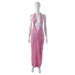 Textured ruffle solid halter self tie v neck backless maxi dress-final-sale
